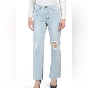 New Avec Les Filles women’s blue light wash ripped slit Raw hem straight jeans